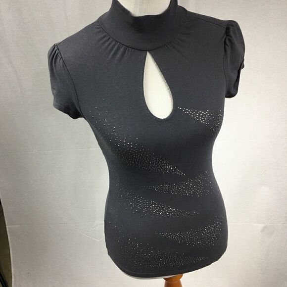 Express XS gray fitted keyhole front tee short sleeve studded pattern em… - Picture 1 of 7